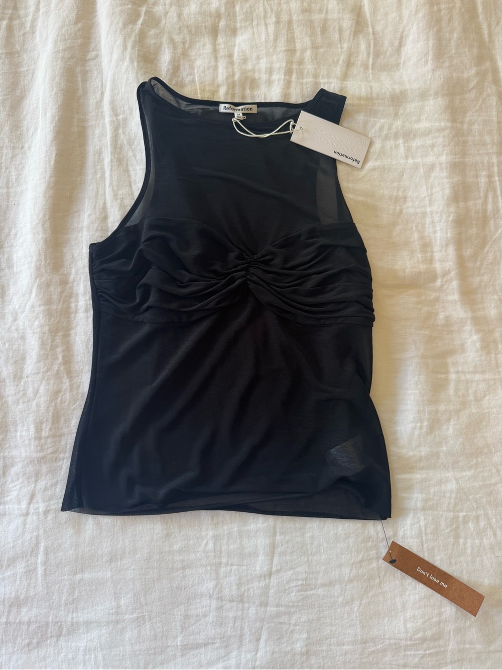 Reformation Rose  Black Ruched Mesh Sleeveless Tank top